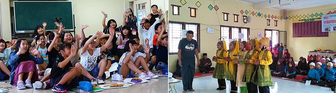 東北とインドネシア・アチェの子どもたちによる地球対話。写真はインドネシア・アチェSD43（第43小学校）と宮城県登米市北方小学校の生徒たち（2019年10月2日）