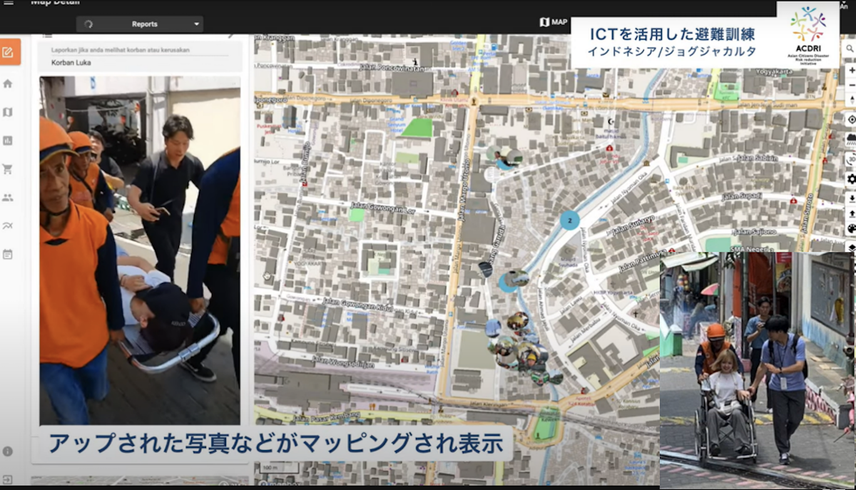 住民がスマホで発信したメッセージ・写真・動画とその場所が地図上に自動的にプロットされる