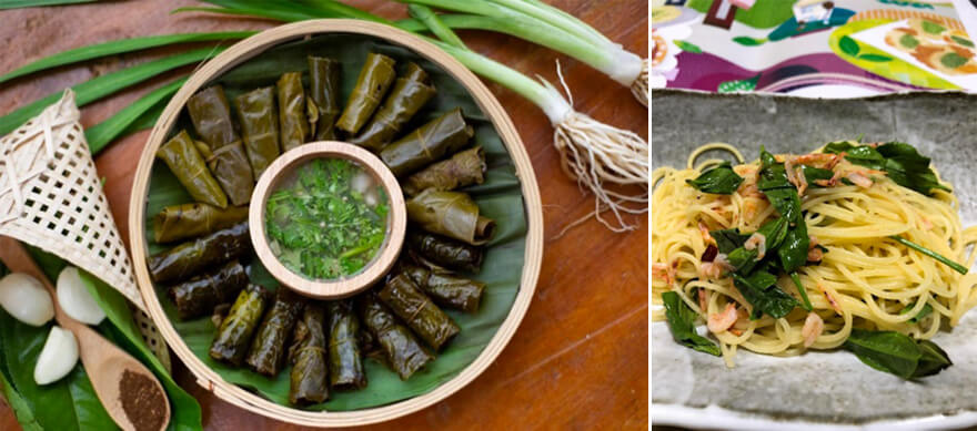 写真4. アカ族の茶料理の一つ、茶葉で豚肉を包んだ料理モーホーバイチャ。写真5. 梅ヶ島の創作茶料理、桜エビ添えペペロンチーノ・ティー・スパゲティ。