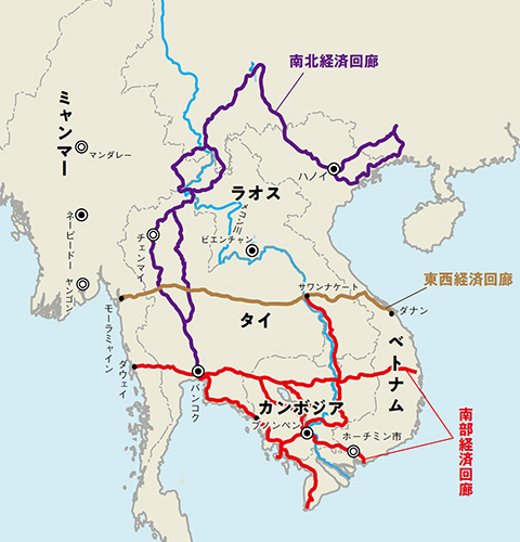 大メコン圏６カ国における3本の経済回廊 出所: mundi July 2019, pp.23.