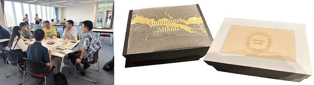 蒲郡みかんの段ボールパッケージ考案のために、ヒアリングを行いました。右が高校生がデザインした、みかんの段ボールパッケージ