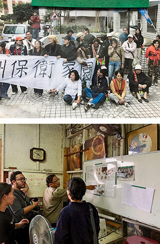 当時の住民運動(上)やワークショップの様子は今も集落に掲示されている