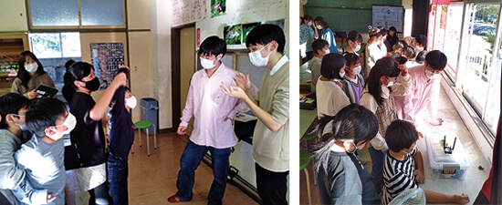 高専の学生たちが「困りごと」解決のために開発した機械に集まる子どもたち(右)。体験ワークショップ終了後は、高専の学生を子どもたちが質問攻めにしていました(左)。